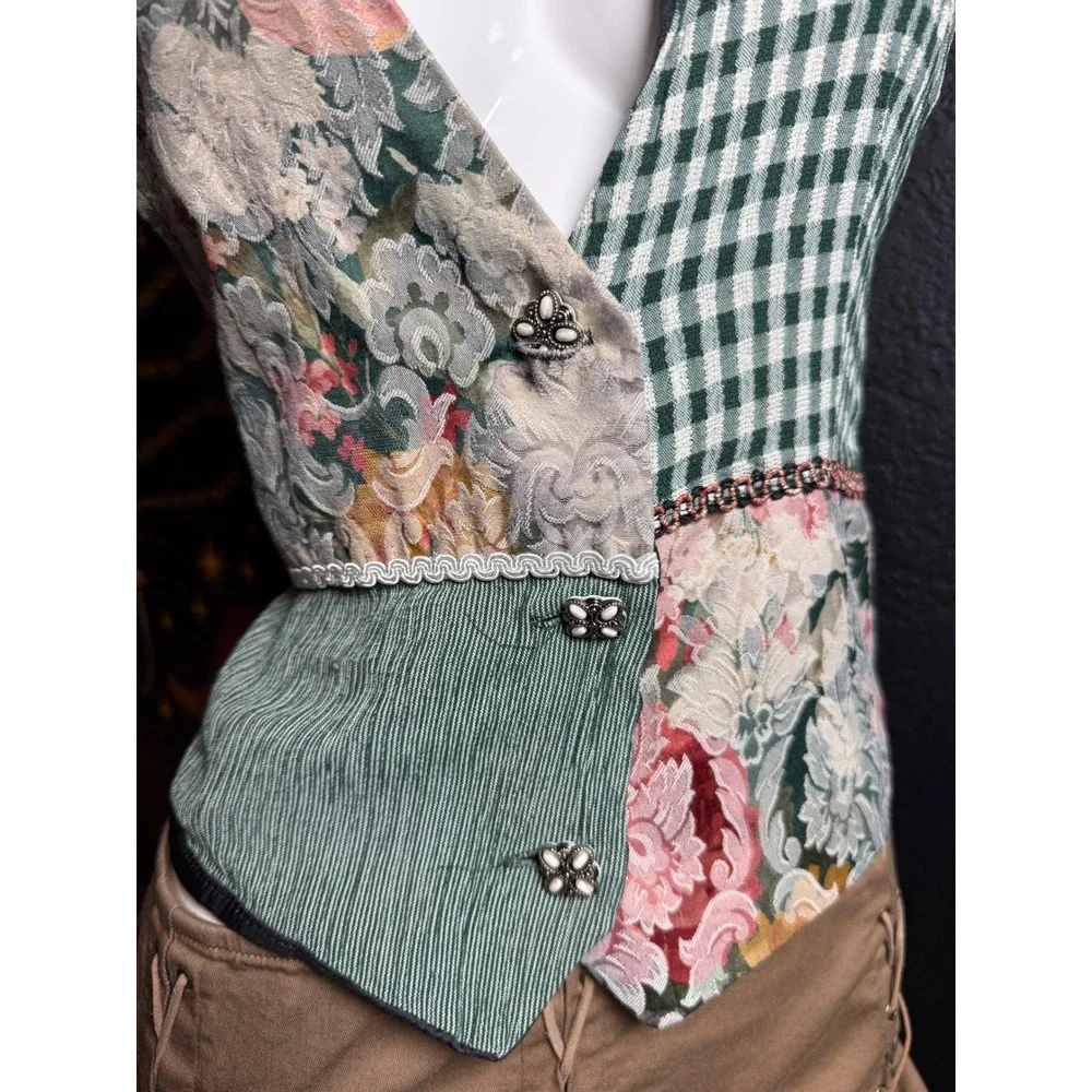 Vintage Justin Thyme Ltd Patchwork Floral Gingham Vest Cottagecore Boho USA Made